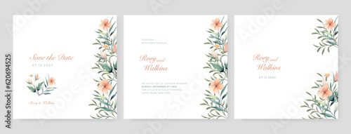 White blue pink wedding invitation template with romantic dried floral and leaves decoration