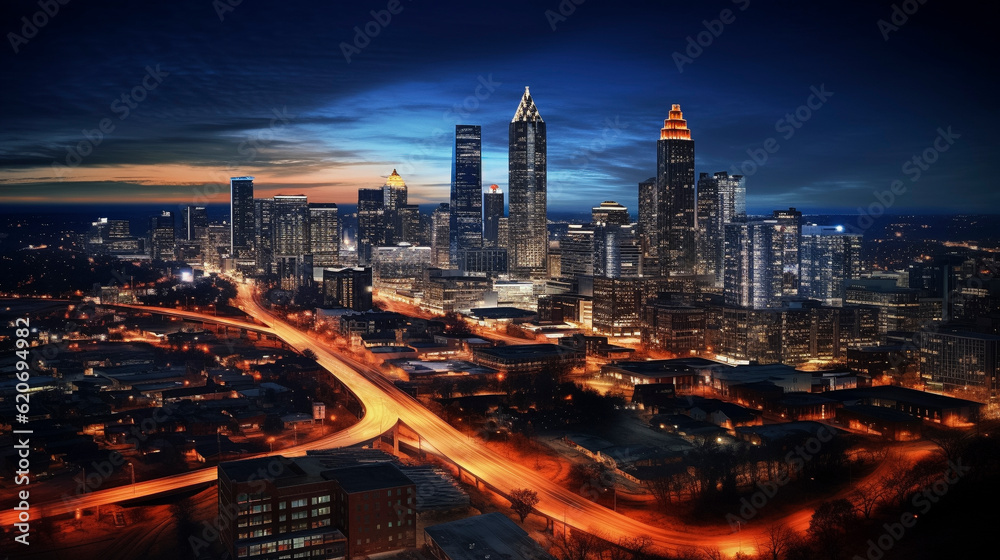Drone photo of Atlanta Georgia city at night long exposure for traffic blur taken with DJI mini 3 pro