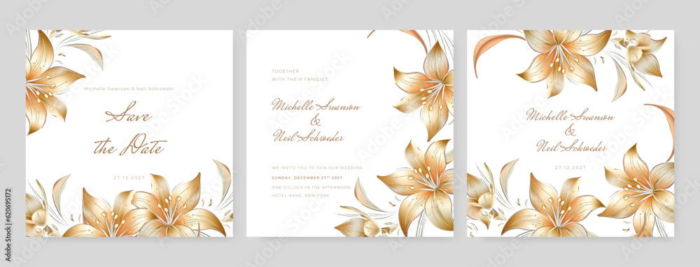 White and gold Clear hand drawn floral wedding invitation card template