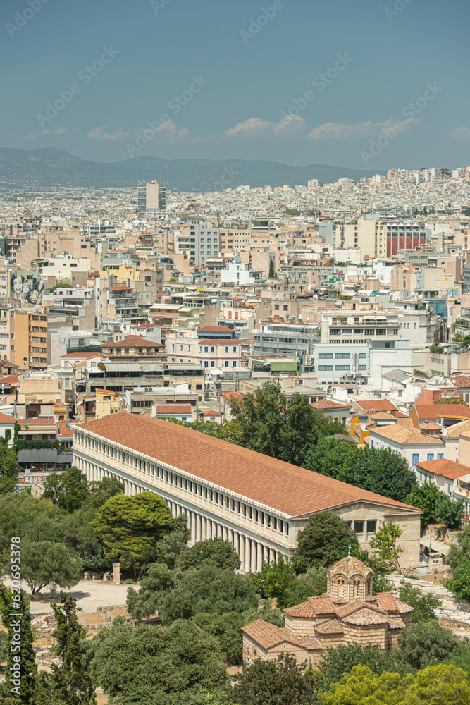 Fototapeta premium Aerial view of the Church of the Holy Apostles, the Stoa of Attalos and the Ancient Agora of Athens.
