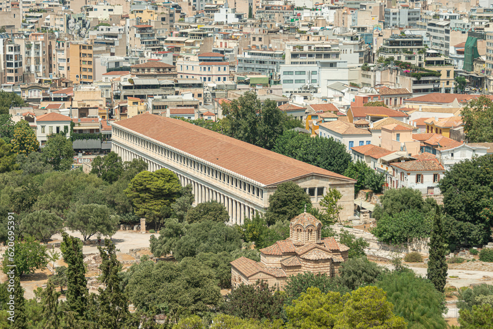 Aerial view of the Church of the Holy Apostles, the Stoa of Attalos and the Ancient Agora of Athens.
