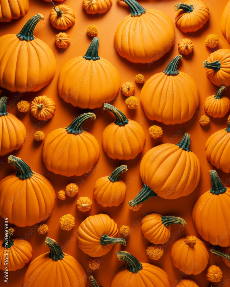 Beautiful autumn background with an abundance of bright orange pumpkins. Halloween or fall poster. Generative AI