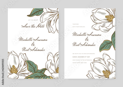 White and gold wedding invitation minimal template design with watercolor flower and leaf, watercolor invitation, beautiful floral wreath.
