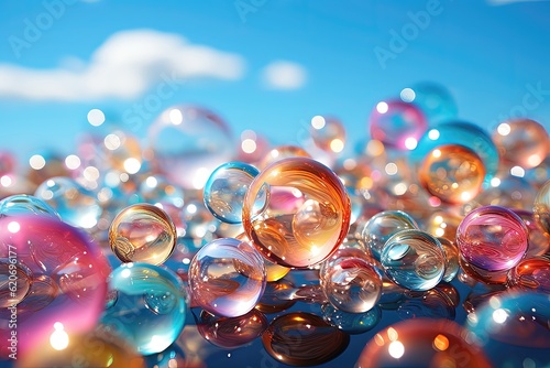 Colorful bubbles on blue sky background, shallow depth of field
