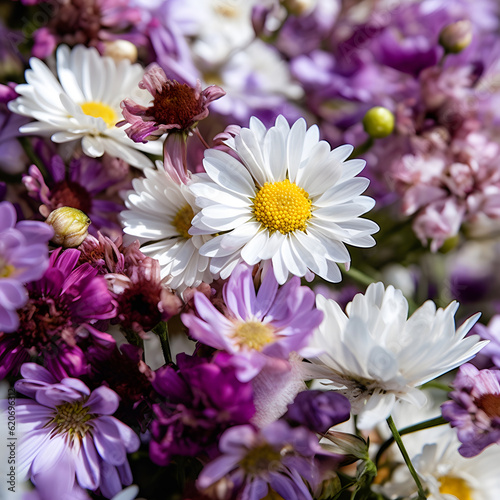 Bunch of beautiful white and purple daisies.
