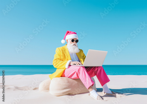 Elegantly and casually dressed Santa Claus as a digital nomad works on his laptop and enjoys the sunny beach. Generative AI.