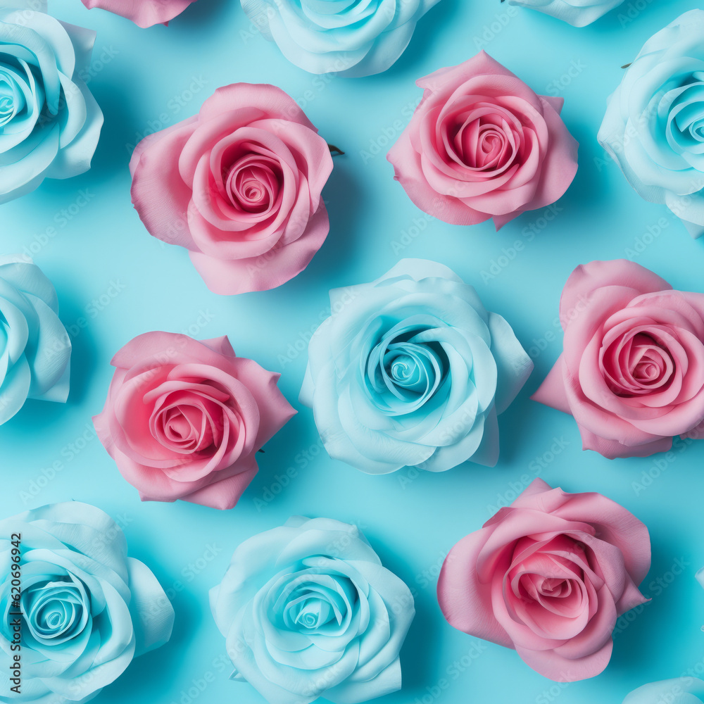 Beautiful floral pattern made of delicate roses on a pastel blue background. Pink and blue color. Generative AI Beautiful floral pattern made of delicate roses on a pastel blue background. Pink and blue color. Generative AI