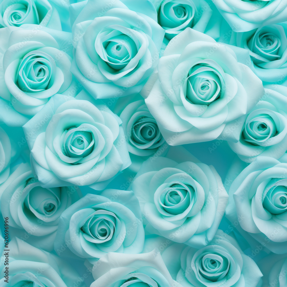 Beautiful floral pattern made of delicate turquoise roses on a pastel blue background. Generative AI. Beautiful floral pattern made of delicate turquoise roses on a pastel blue background. Generative AI.