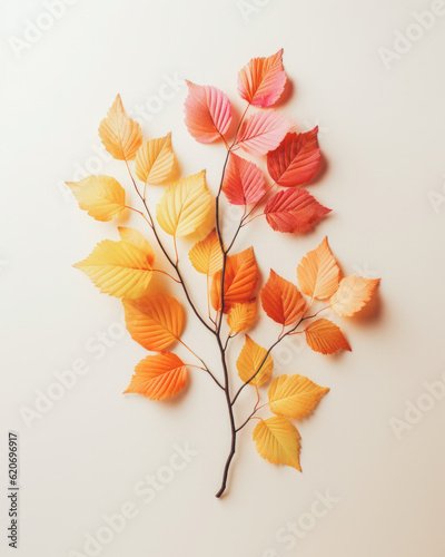 Beautiful autumn flatlay composition with yellowed colorful leaves creating a tree crown shape on a pastel soothing background. Generative AI.