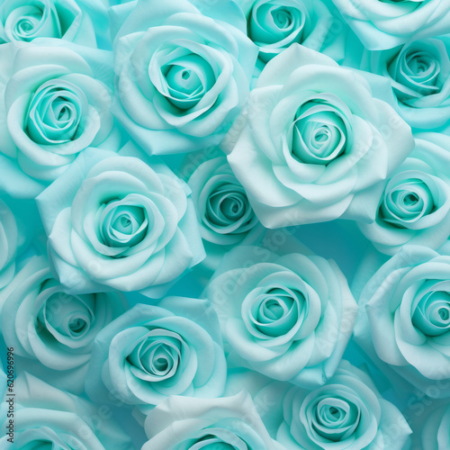 Beautiful floral pattern made of delicate turquoise roses on a pastel blue background. Generative AI.