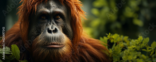 Close up of Orang Utan. Wildlife conservation concept and copy space