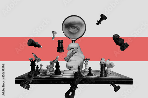 Collage art with chess and hand holding magnifying glass