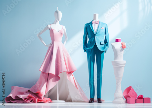 Surreal wedding scene of two mannequin dolls  a loving couple. Elegant and happy. Fashion concept of the wedding. Generative AI