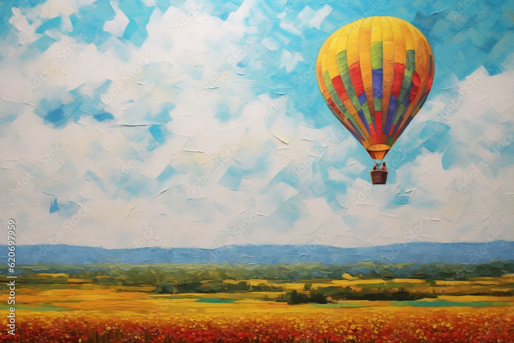 Naklejka premium Fields of Tranquil Ascension: Hot Air Balloon Drifting in Country Skies