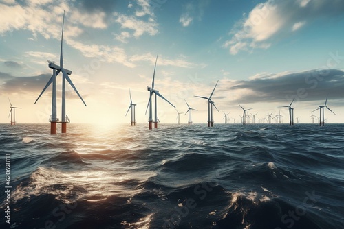 Wind turbines installed offshore for renewable energy. Generative AI