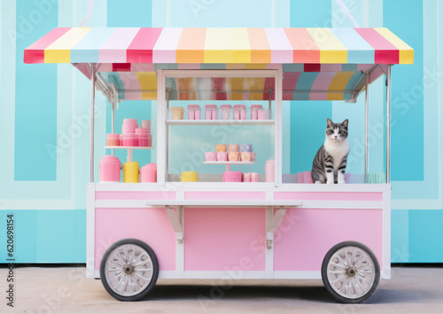 A beautiful, charming cat sits on the counter of a colorful candy street stall in the style of the 60s. Small business concept. Generative AI