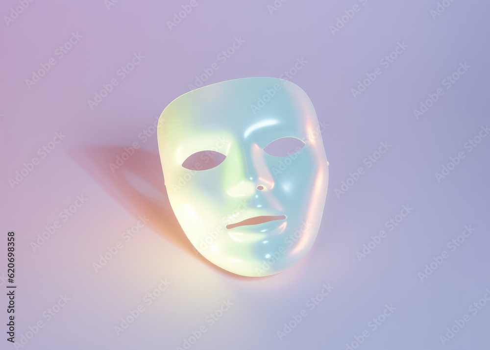An iridescent synth wave mask of glossy colors that blend into each other on a soft pastel minimal background. Generative AI An iridescent synth wave mask of glossy colors that blend into each other on a soft pastel minimal background. Generative AI