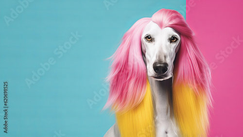 A beautiful Afghan hound with long and groomed hair poses in the style of an eighties rock star against colorful backdrop. Bright colors and decorative clothing. Generative AI.