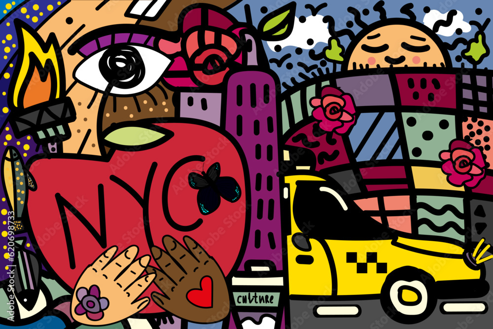 New York City. Colorful vector illustration. Symbols of NY. Abstraction. Big apple. ART.