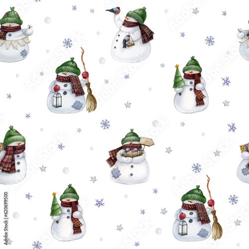 Christmas snowman seamless pattern  bird nest  birds  snow  broom and lantern  winter image on white background.  Traditional vintage style gift wrap design.Hand-drawn watercolor digital paper