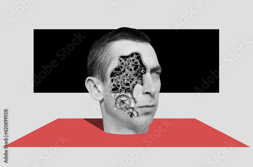 Collage with head of a man with gears inside