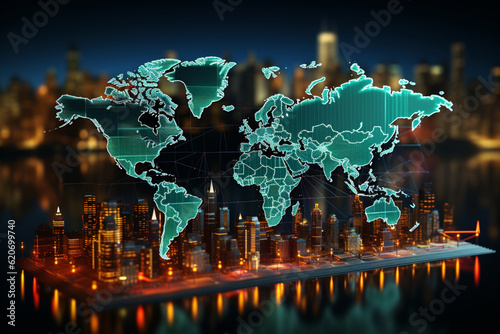 Global economy concept, Finance chart on 3D world map background Generative AI photo