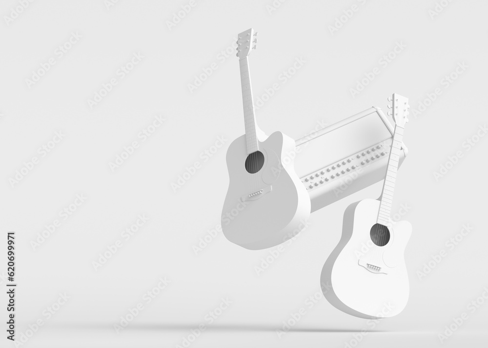 Set of electric acoustic guitars and amplifiers on monochrome background Set of electric acoustic guitars and amplifiers on monochrome background