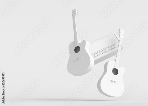 Set of electric acoustic guitars and amplifiers on monochrome background