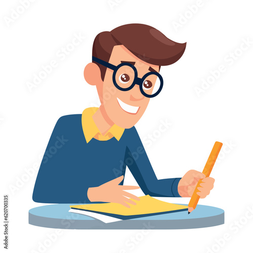 Smiling schoolboy studying with pencil and book