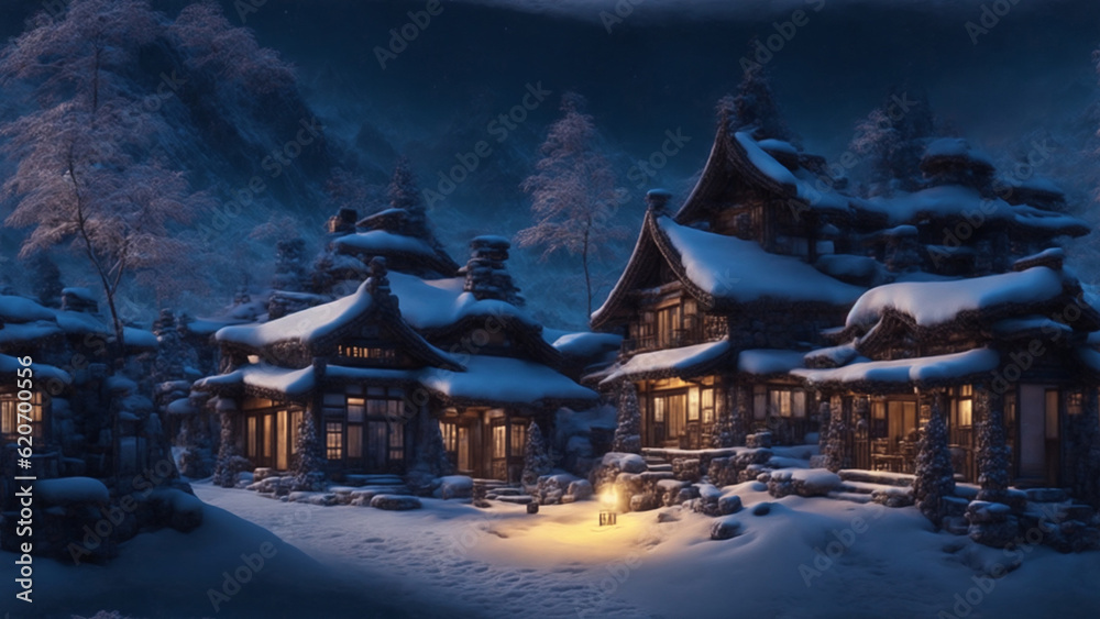 Japanese village in the snow at night, Generative AI