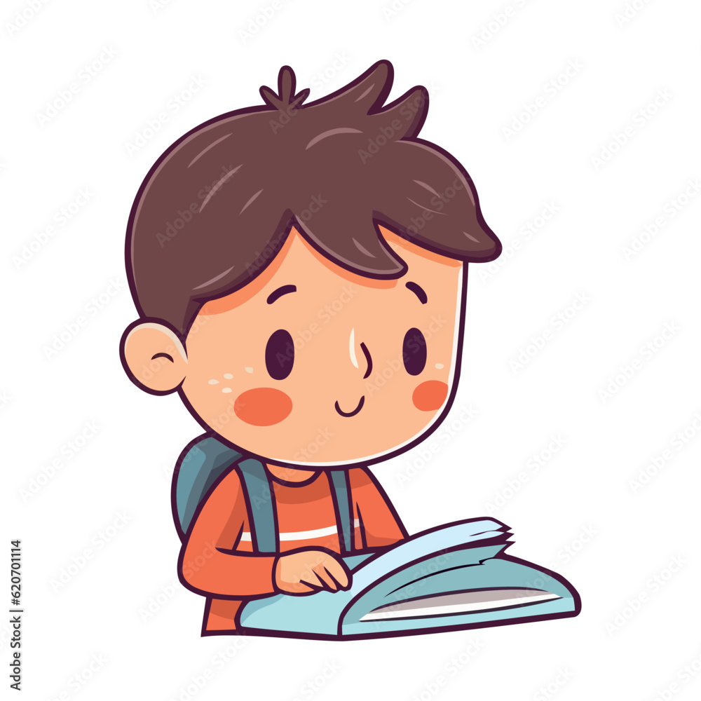Smiling schoolboy reading book icon