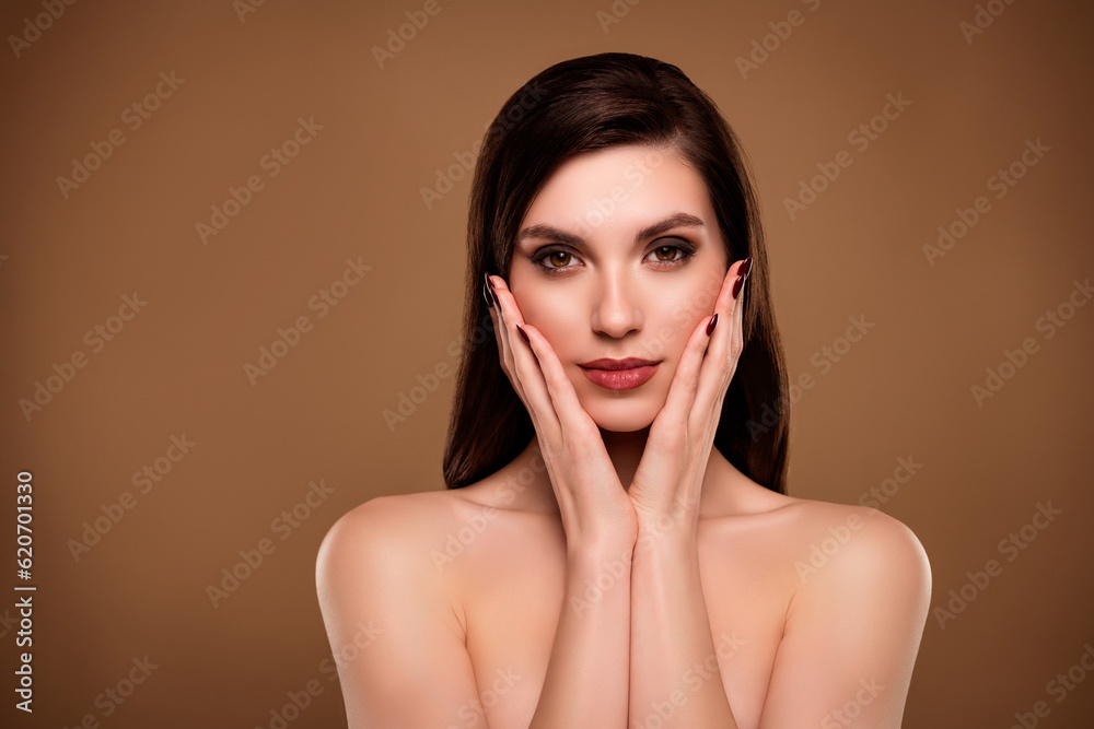 Photo of gorgeous pretty lady applying beauty balm gel before party date over pastel color background Photo of gorgeous pretty lady applying beauty balm gel before party date over pastel color background