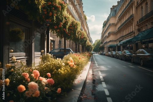 Comfortable road with florist in Paris, France. Generative AI