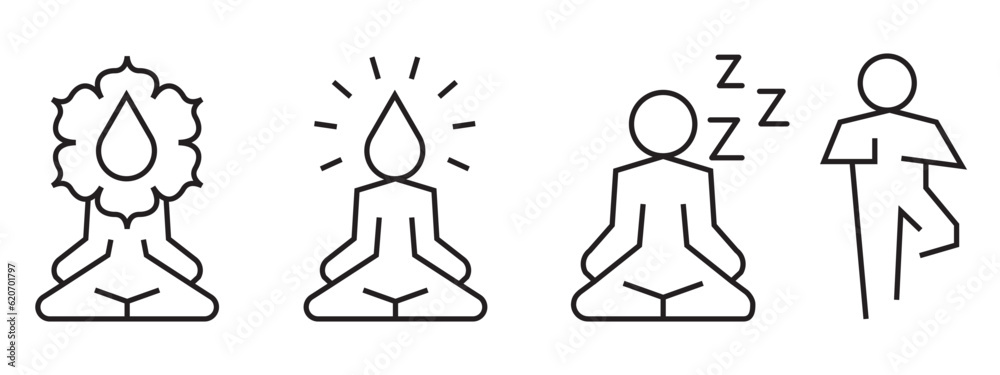 Yoga practice, meditation pose icon set. Vector symbol of zen spiritual person sit in gyan mudra doing pranayama for calmness in inner self. Exercise Posture sign collection. Relaxed person body aura