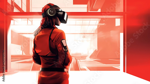Portrait of young woman wearing a VR headset in a industrial red and white environment. Generativ AI.