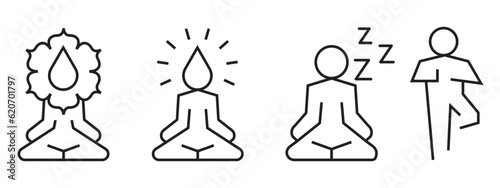 Yoga practice, meditation pose icon set. Vector symbol of zen spiritual person sit in gyan mudra doing pranayama for calmness in inner self. Exercise Posture sign collection. Relaxed person body aura