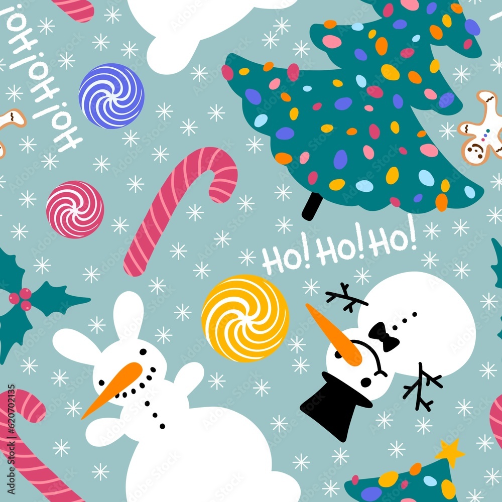 Cartoon new year seamless Christmas tree and snowman and candy and mistletoe pattern for wrapping paper