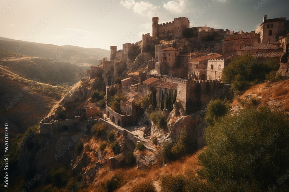 Medieval fortress & town below. Large ancient castle in sunlight. Scenic dark ages city. Cinematic fort & historic city. Generative AI