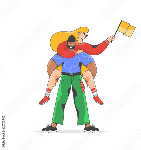 Lesbian woman cheering on gay man, holding yellow flag. LGBTQ+ support photo
