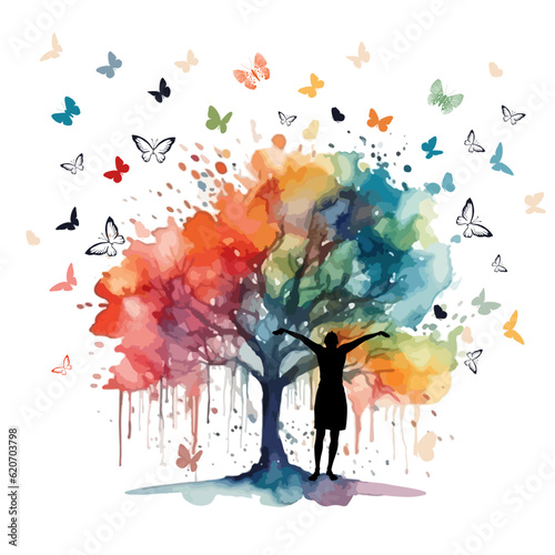 abstract silhouette of a happy girl with raised hands. Rainbow watercolor tree. Happy world sun and butterflies. Vector illustration