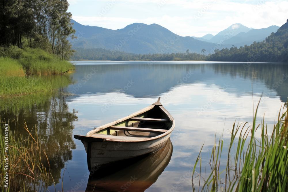 Serene beauty and tranquility of a wooden boat on a calm lake in the early morning. With the soft light and gentle ripples on the water, solitude, and connection with nature.