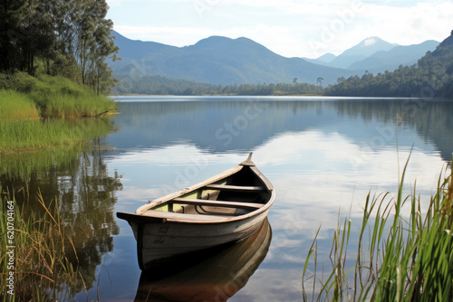 Serene beauty and tranquility of a wooden boat on a calm lake in the early morning. With the soft light and gentle ripples on the water, solitude, and connection with nature.
