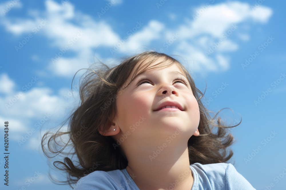 A child floating on their back, gazing up at the blue sky with a serene expression Generative AI A child floating on their back, gazing up at the blue sky with a serene expression Generative AI