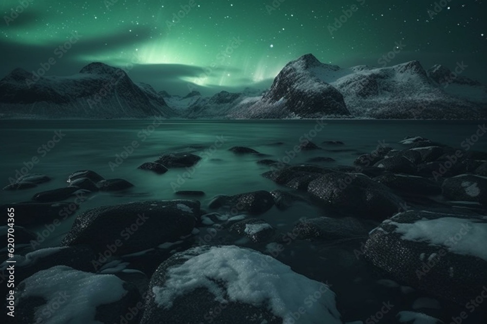 Northern Lights at sea with snowy mountain & starry sky on Lofoten Islands in Scandinavia. Aurora landscape. Generative AI