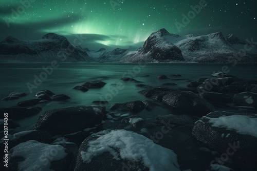 Northern Lights at sea with snowy mountain & starry sky on Lofoten Islands in Scandinavia. Aurora landscape. Generative AI