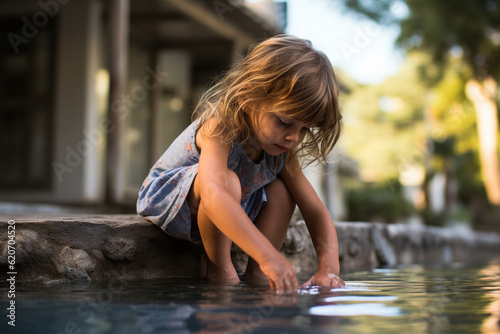 A child sitting on the edge of a pool, happily dipping their toes in the water Generative AI