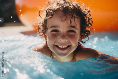A close-up of a child's joyful face as they float on a pool noodle, enjoying the cool water Generative AI