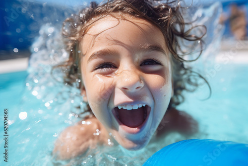 A close-up of a child's joyful face as they float on a pool noodle, enjoying the cool water Generative AI © Denis Yevtekhov