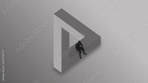 Abstract Surreal 3D impossible penrose triangle with seated man. photo