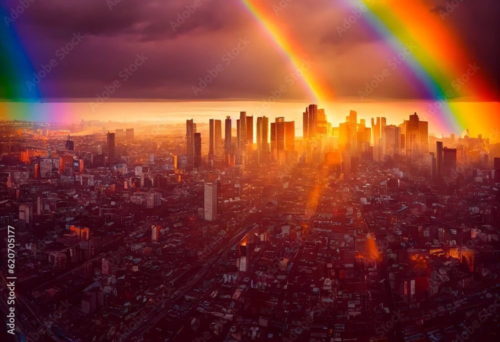 Rainbow over city skyline. Aerial panoramic view of cityscape and downtown in the morning with beautiful rainbow above the buildings and skyscrapers. Generative AI